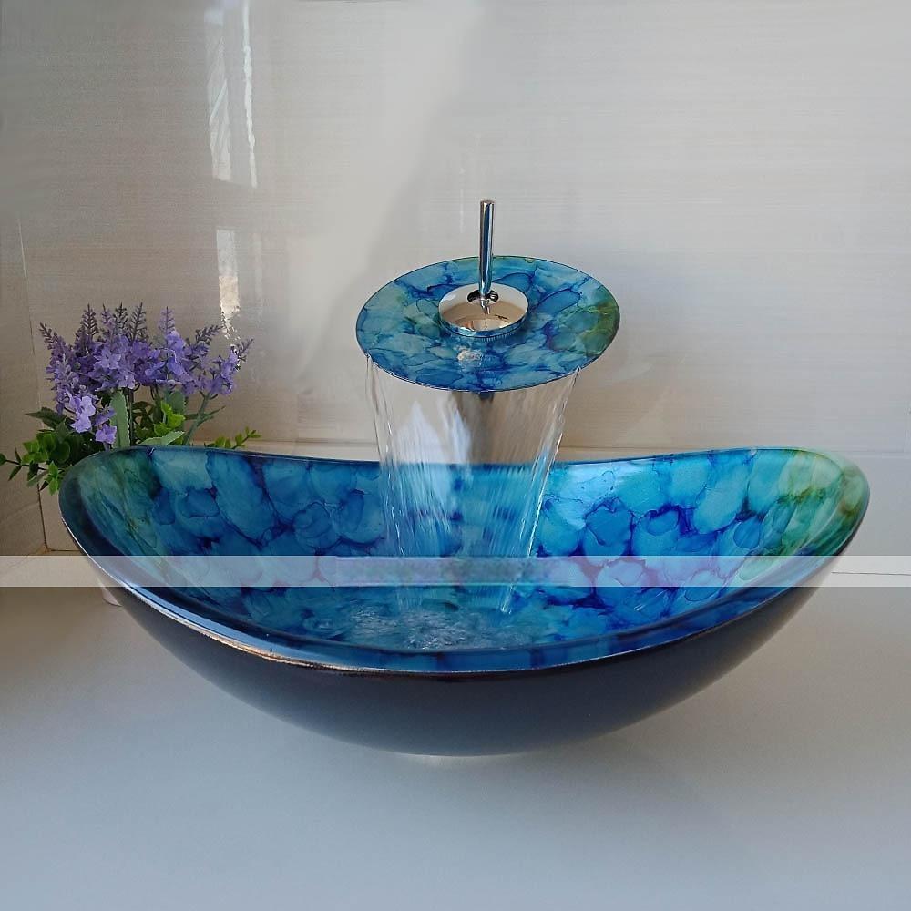 Bathroom Vessel Sink Set Rectangular 16"x13" Sink Mixer Faucet and Drain Combo with Pop-up Drain Boat Shape Color Tempered Glass Artistic Vessel Vanity Sink Bowl Above Counter Sink Art Wash Basin 2025 - CAD $366.99 –P2