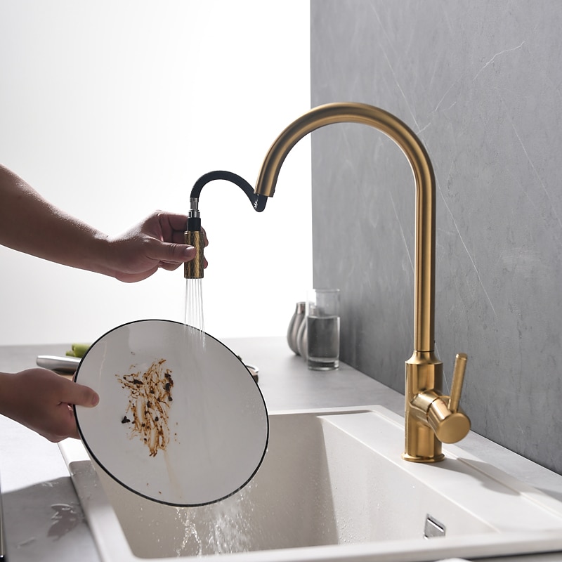 Kitchen Sink Mixer Faucet Pull Out Single Lever Handle Brushed Solid Brass Taps Cold Hot Hose One Hole with Pull Down Sprayer Black Gold Faucets 2025 - CAD $167.99 –P7