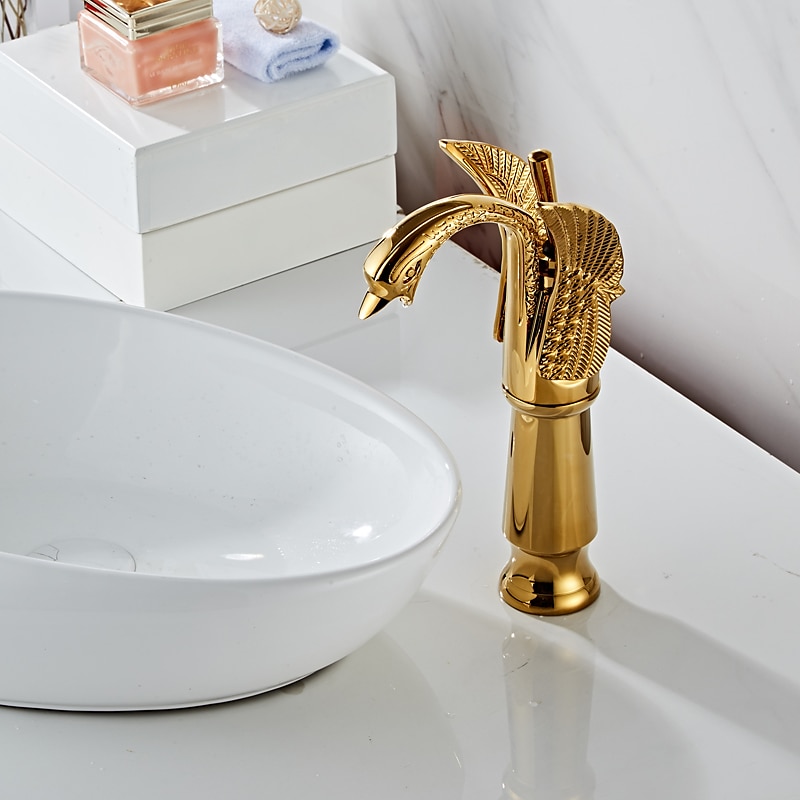 Retro Bathroom Sink Mixer Faucet Brass Swan Shap, Monobloc Washroom Basin Taps Single Handle One Hole Deck Mounted, Mono Water Vessel Tap Hot and Cold Hose Antique 2025 - CAD $143.99 –P14