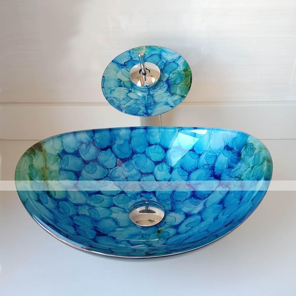 Bathroom Vessel Sink Set Rectangular 16"x13" Sink Mixer Faucet and Drain Combo with Pop-up Drain Boat Shape Color Tempered Glass Artistic Vessel Vanity Sink Bowl Above Counter Sink Art Wash Basin 2025 - CAD $366.99 –P4