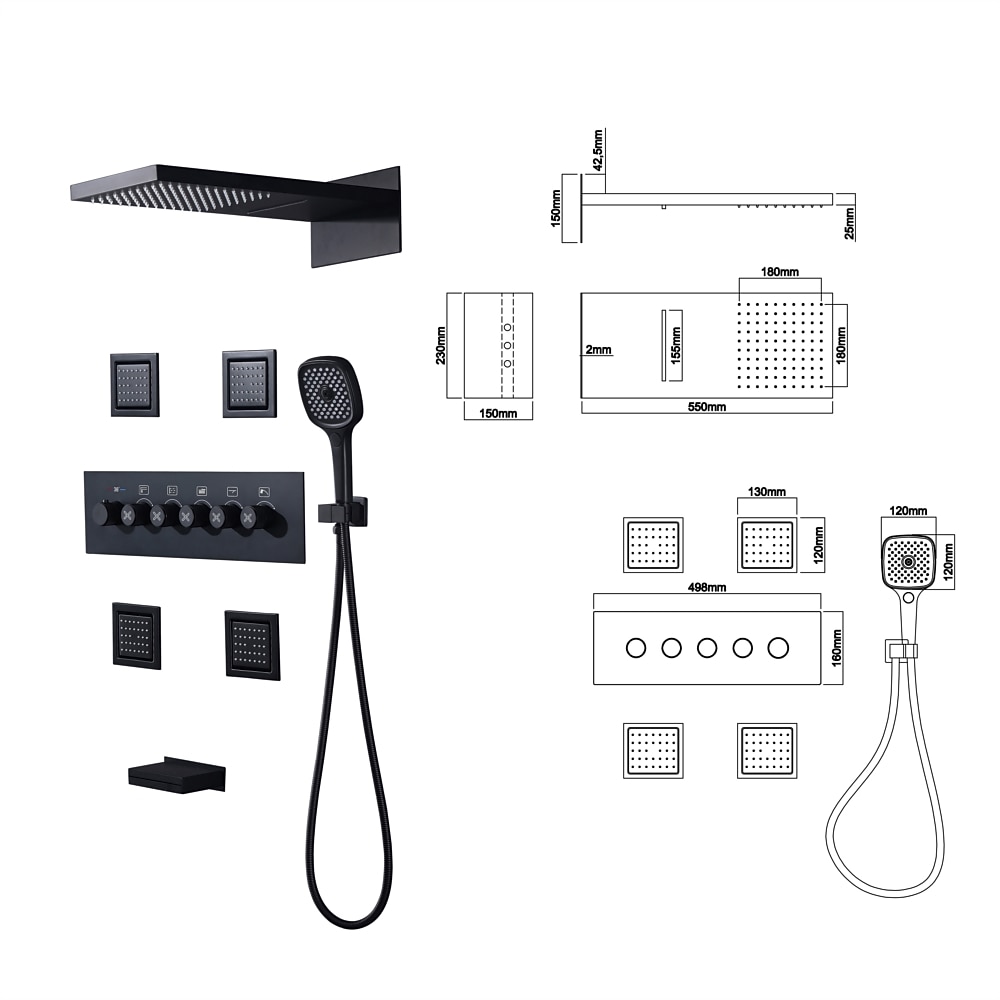 Shower FaucetRainfall Shower System 5-Function Thermostatic Mixer valve Body Jet Massage Set Rainfall Shower Multi Spray Shower Waterfall Contemporary Painted Finishes Mount Inside Brass Valve 2025 - CAD $1275.99 –P15