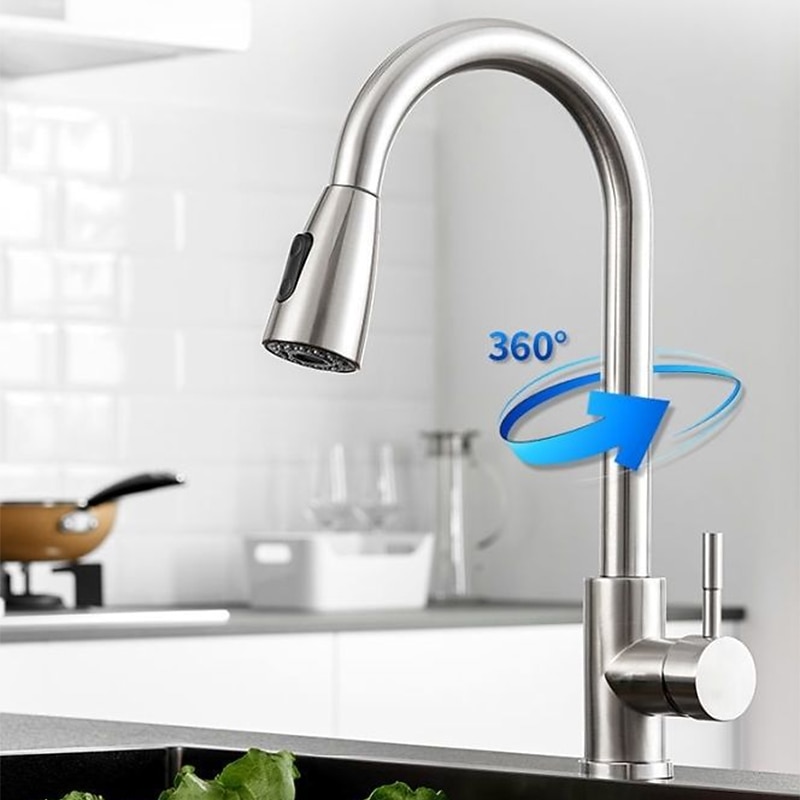 Kitchen Faucet with Pull-out SpraySingle Handle One Hole Stainless Steel Pull-out / Pull-down / Standard Spout / Tall / High Arc Centerset Minimalist / Modern Contemporary Kitchen Taps 2025 - CAD $71.99 –P3