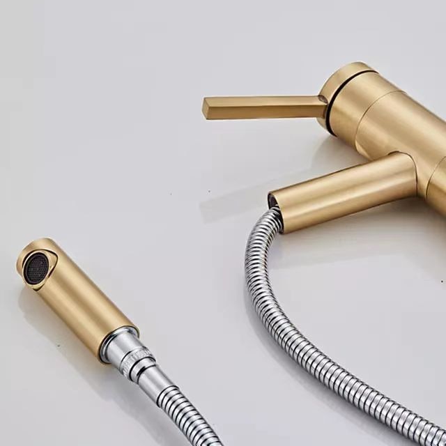 Bathroom Sink Faucet with Pull-out Spray,Brushed Gold Single Handle One Hole Brass Faucet Spout With Hot and Cold Water 2025 - CAD $119.99 –P2
