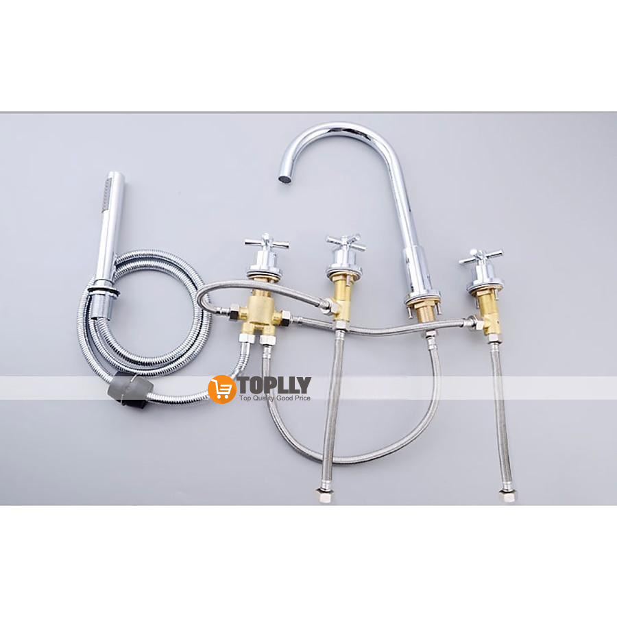 Bathtub Faucet 5 Hole Bathroom Tub Taps Deck Mounted 3 Handle Sink Mixer Hot and Cold Bathroom Shower Faucets with Handshower Handheld Tap 2025 - CAD $255.99 –P12