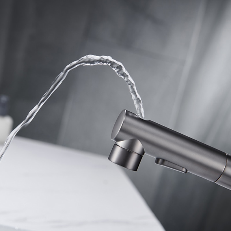 Bathroom Sink Faucet with Pull Out Spray,Brass 3-modes Electroplated / Painted Finishes Centerset Single Handle One Hole Lavatory Rotating Spout for Cold and Hot Water Bath Taps 2025 - CAD $119.99 –P10