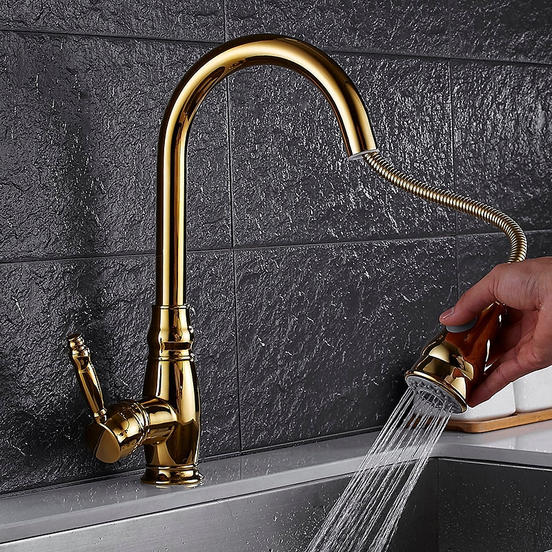 Kitchen Faucet Contemporary Retro Style Ti-PVD Pull-out/Pull-down Vessel/Brass/Single Handle One Hole 2025 - CAD $191.99 –P6
