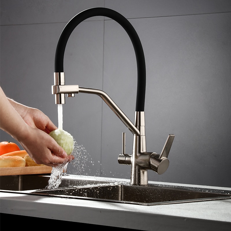 Kitchen Faucet Pull Down Spray Head Purified Water Dual Spout Taps Sink Mixer Deck Mounted  360 Rotating Twin Handle High Arc Flexible Tube Vessel Brass Tap 2025 - CAD $159.99 –P9