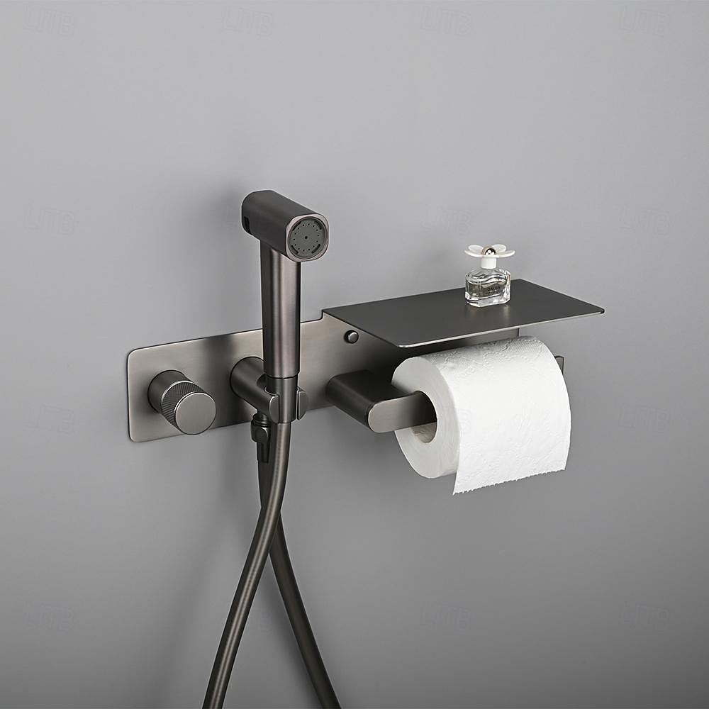 Brushed Gold Bidet Sprayer Concealed Button Brass Valve with Commodity Shelf Paper Holder Plastic Sprayer PVC Hose Grey 2025 - CAD $283.18 –P3