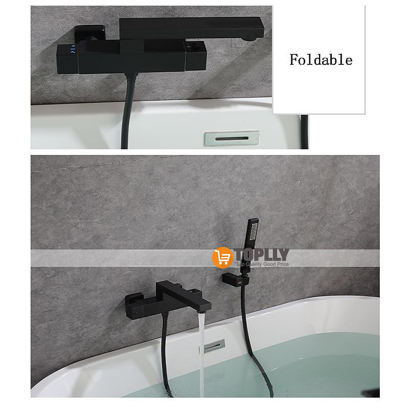 Bathtub Faucet Black Wall Mounted Bathroom Faucet Bath Roman Tub Filler Mixer Tap Brass 2 Hole Sprayer with Cold Hot Water Hose 2025 - CAD $446.99 –P5