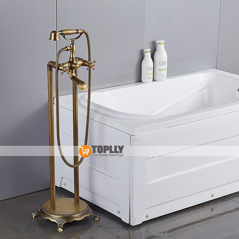 Bathtub Faucet Floor Mounted Brass Retro Style Telephone Shape Brass Electroplated Finish Two Handles Two Holes Shower Faucet with Handshower and Drain 2025 - CAD $446.99 –P10