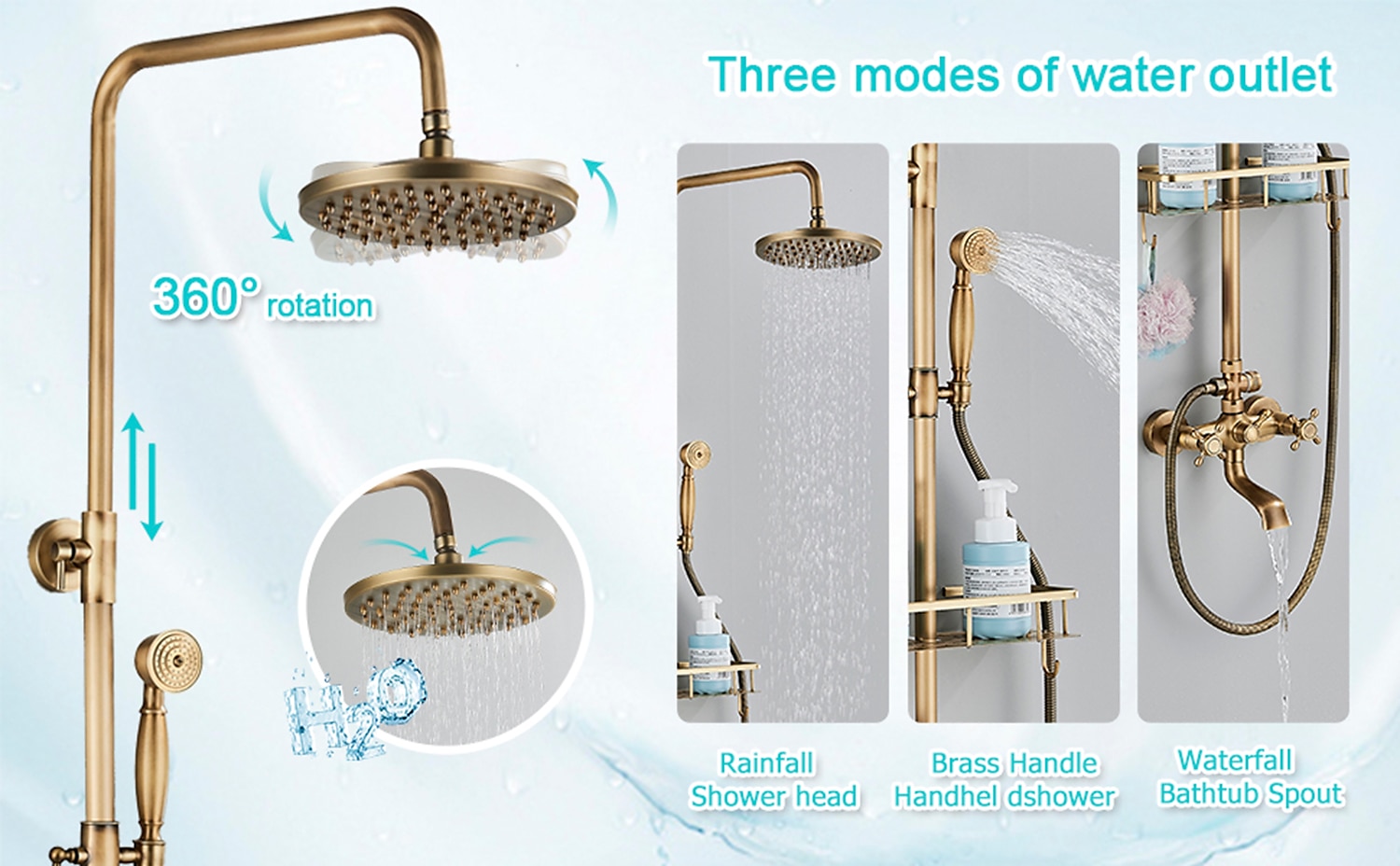 Shower FaucetShower System SetRainfall Antique Brass Shower Fixture 8 Inch Shower Head Handled Shower Waterfall Tub Spout Wall Mounted Outdoor Shower System with Shower Shelf 2025 - CAD $328.99 –P2