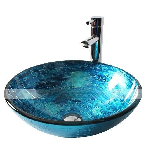 Blue Round Chrome Tempered Glass Glass Basin with Straight Tube Faucet Basin Support and Drain 2025 - CAD $366.99 –P4