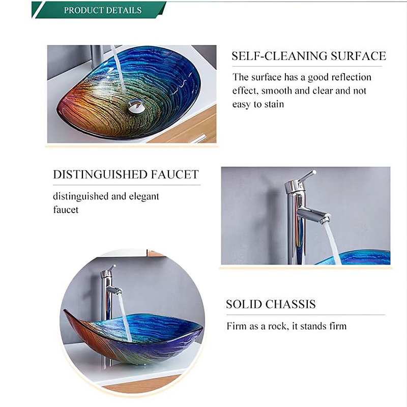 Bathroom Vessel Sink Rectangular 21"x15" Sink Mixer Faucet and Drain Combo with Pop-up Drain Boat Shape Color Tempered Glass Artistic Vanity Sink Bowl Above Counter Washroom Sink Art Wash Basin 2025 - CAD $366.99 –P3