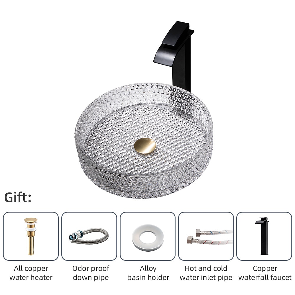 Bathroom Vessel Sink with Black Faucet Modern Clear Tempered Glass Basin with Pop-Up Drain Artistic Round Basin Bowl Set Above Counter Vanity Sink 2025 - CAD $478.99 –P3