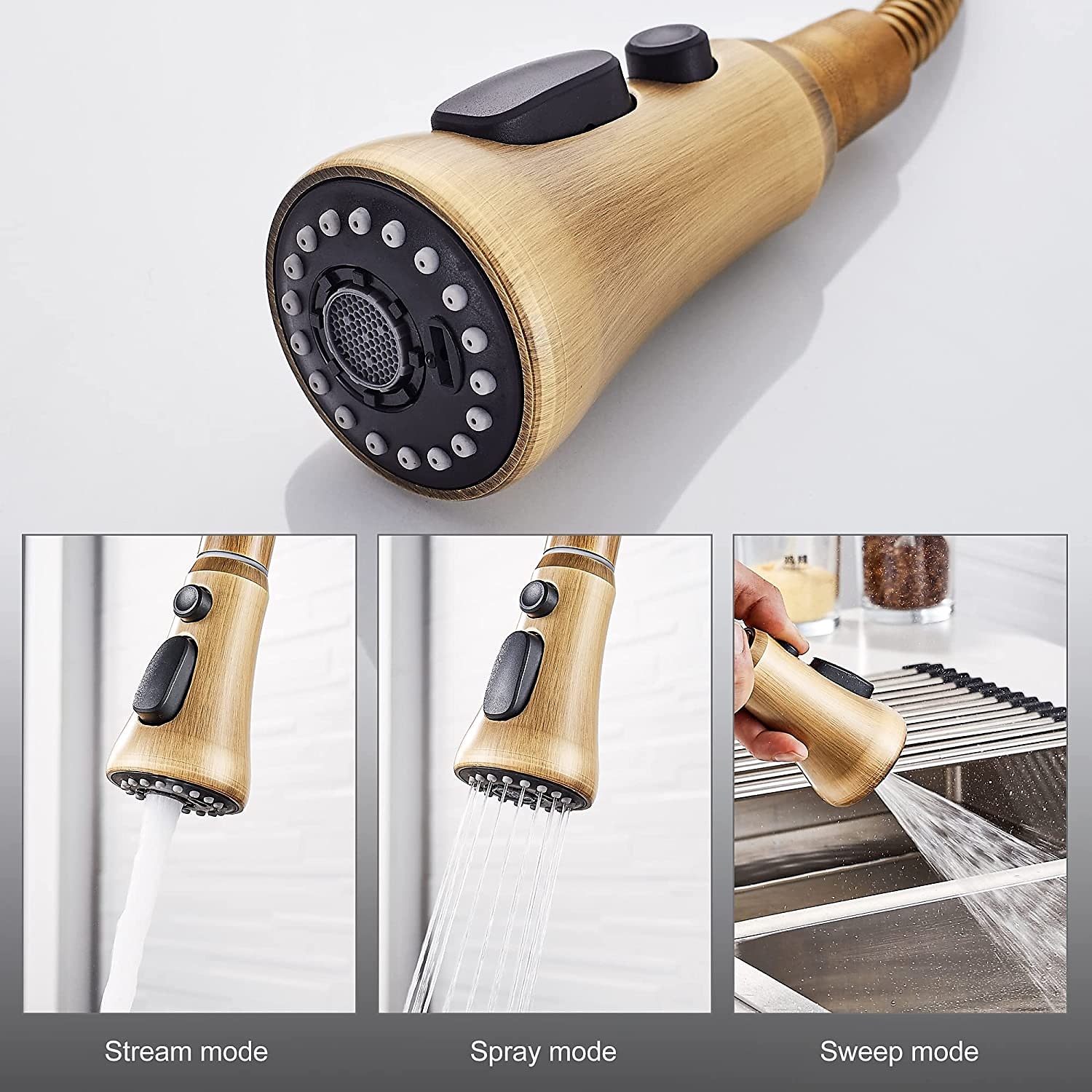 Kitchen Faucet with SprayerAntique Brass Pull-out 3-Function Outlet Mode Single Handle One Hole Sink Kitchen Taps with Soap Dispenser or Drain 2025 - CAD $175.99 –P1