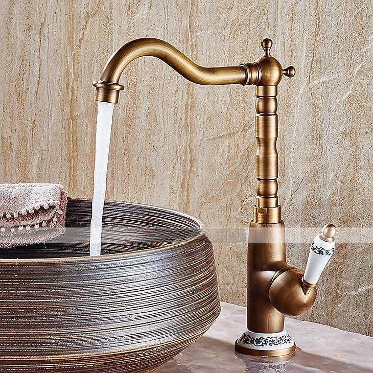 Bathroom Sink Faucet,Antique Brass Single Handle  One Hole Bath Taps, Retro Style Ceramic Handle Rotatable Faucet with Hot and Cold Switch 2025 - CAD $87.99 –P1