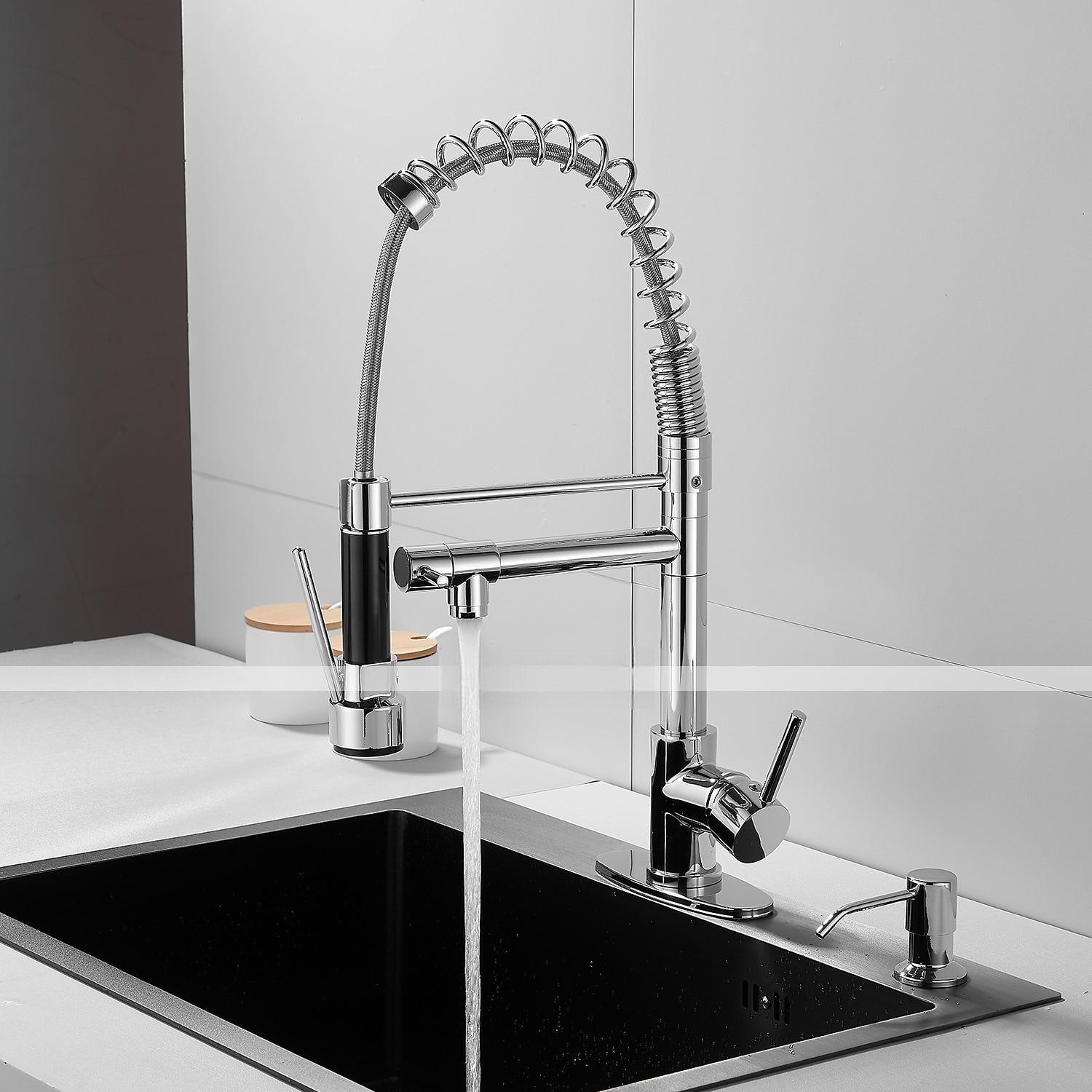 Kitchen Faucet with Pullout Spray and Soap Dispenser Sets Single Handle Two Holes Pull Out/Rotatable/Multifunction Standard Spout Brass Tall-High Arc Deck Mounted Kitchen Faucet 2025 - CAD $159.99 –P18