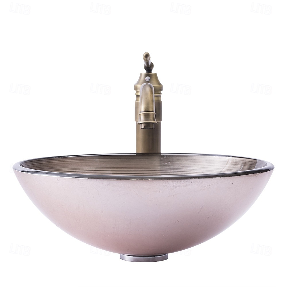 Vessle Sink Circular Stripe Design Basin Modern Tempered Glass Vessel Sink for Bathroom Bathroom Sink Set with Vintage Faucet 2025 - CAD $366.99 –P6