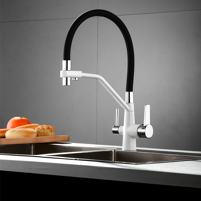 Kitchen Faucet Pull Down Spray Head Purified Water Dual Spout Taps Sink Mixer Deck Mounted  360 Rotating Twin Handle High Arc Flexible Tube Vessel Brass Tap 2025 - CAD $159.99 –P14