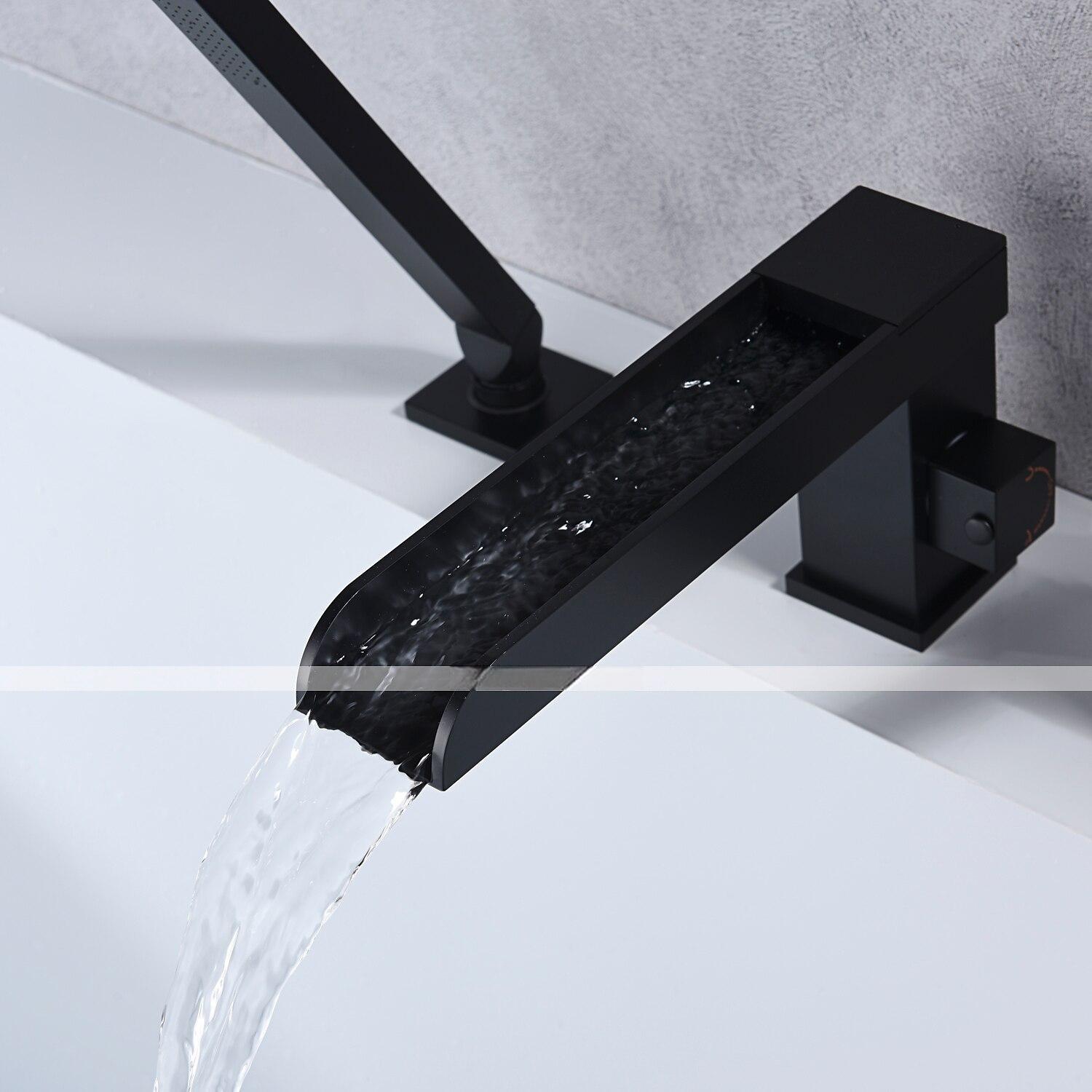 Bathtub Faucet Waterfall Long Spout Bath Tub Filler Mixer Taps Golden with Heldhand Shower 60 inch Hose 3 Hole 2 Handle Deck Mounted Widespread Bathroom 2025 - CAD $366.99 –P3