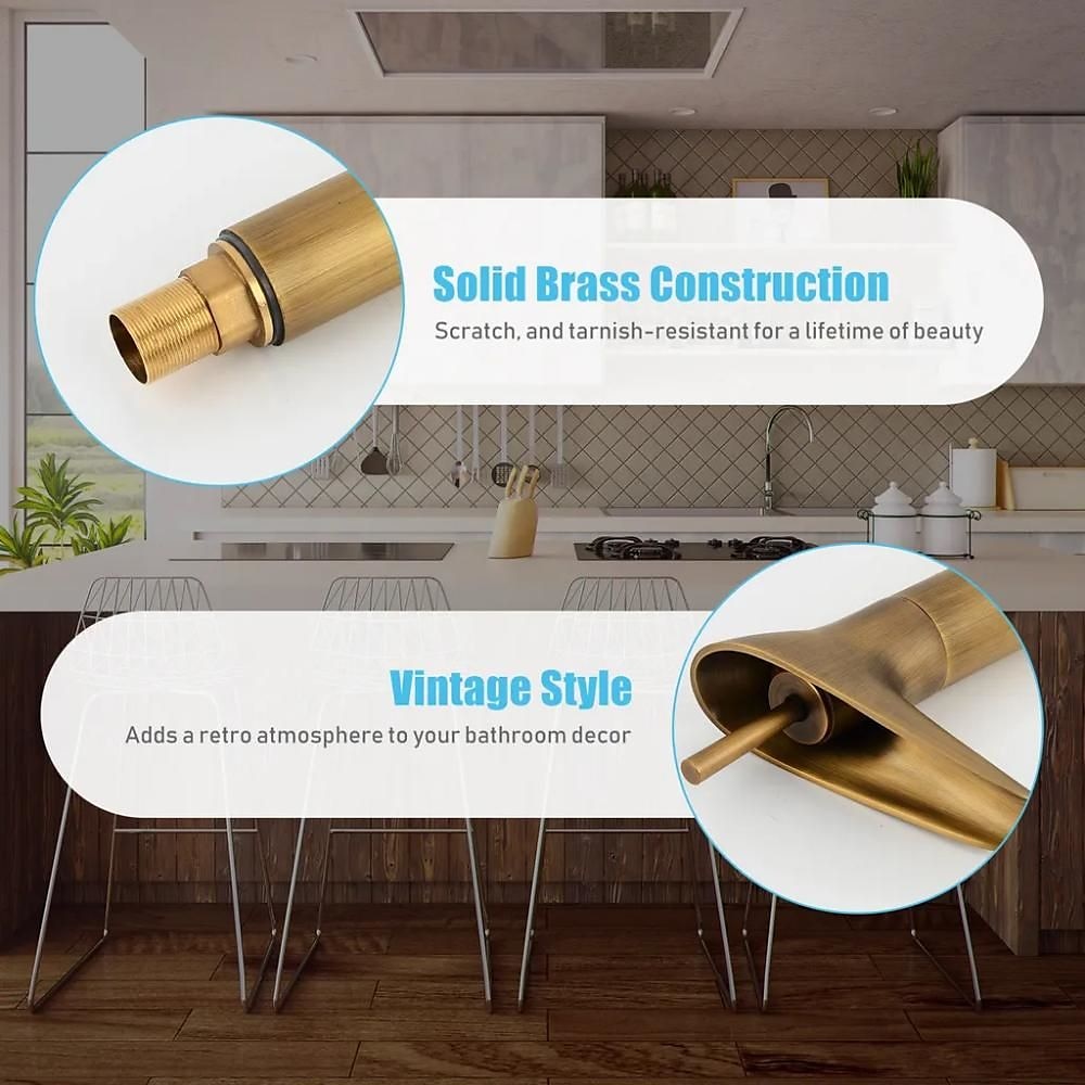 Bathroom Sink Mixer Faucet Waterfall Traditional Antique Brass, Retro Style Washroom Basin Taps Single Handle One Hole Deck Mounted, Monobloc Bathroom Faucet with Hot and Cold Hose 2025 - CAD $119.99 –P3