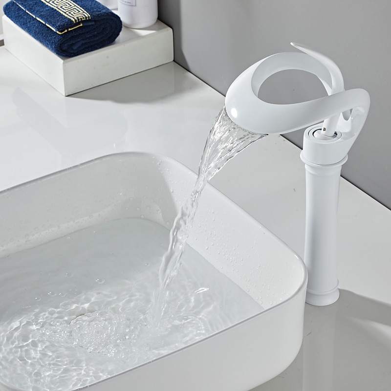 Bathroom Sink Faucet Waterfall Spout, Brass Mixer Basin Taps, Single Handle One Hole Bath Taps Painted Finishes Tall Body Modern Style 2025 - CAD $175.89 –P10