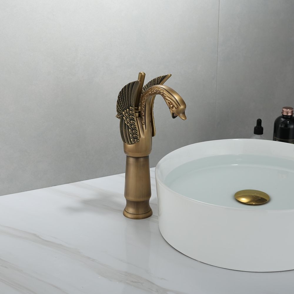 Antique Bathroom Sink Mixer Faucet, Washroom Basin Taps Brass Swan Shape Copper Electroplated Finish Vintage Style Single Handle One Hole Water Taps with Cold Hot Hose 2025 - CAD $95.99 –P5