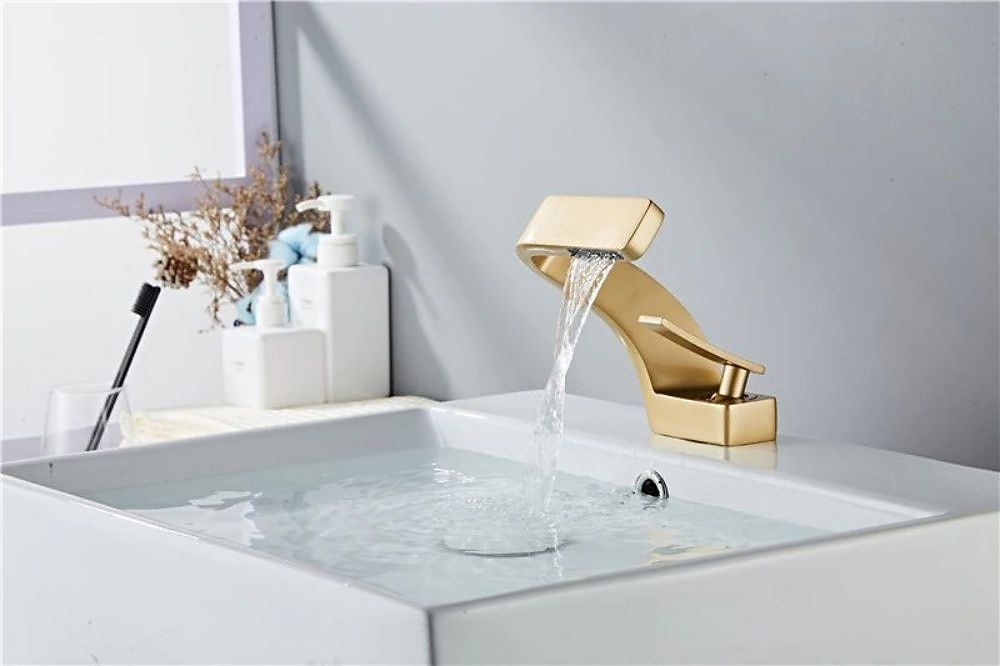 Bathroom Sink Faucet Single Handle One Hole Waterfall Mixer Basin Taps Brass, 7-shaped Bend Vessel Tap Chrome Brushed Nickel Black Gold 2025 - CAD $151.99 –P8