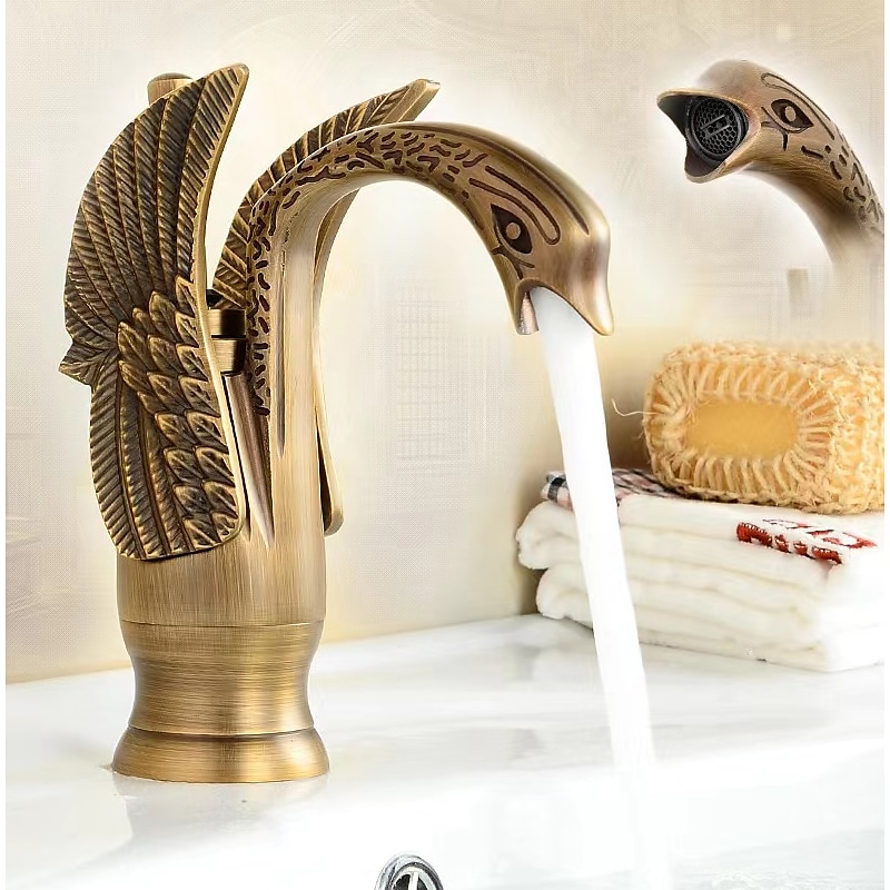 Vintage Bathroom Sink Mixer Faucet Brass Swan Shap, Monobloc Washroom Basin Taps Single Handle One Hole Deck Mounted, Mono Water Vessel Tap Hot and Cold Hose Antique Retro 2025 - CAD $124.78 –P6