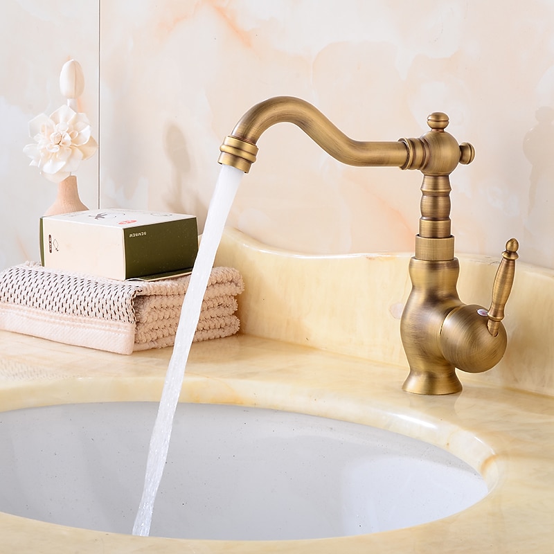 Antique Brass Bathroom Sink Faucet,Single Handle One Hole Traditional Bath Taps with Hot and Cold Water and Ceramic Valve 2025 - CAD $79.99 –P7