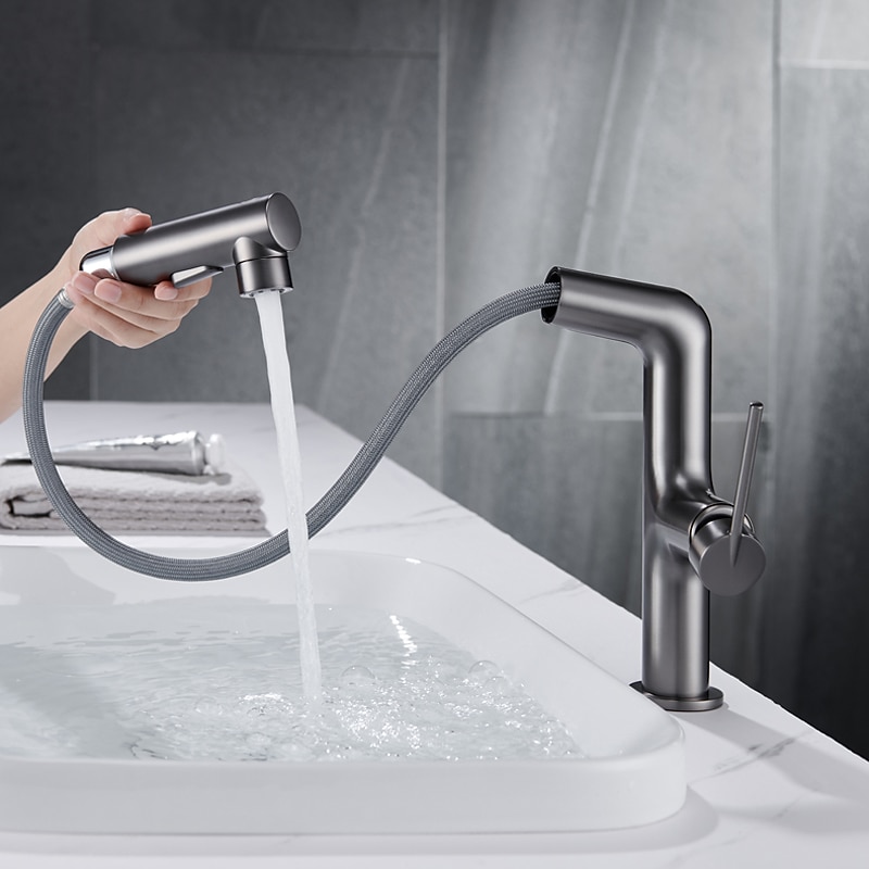 Bathroom Sink Faucet with Pull Out Spray,Brass 3-modes Electroplated / Painted Finishes Centerset Single Handle One Hole Lavatory Rotating Spout for Cold and Hot Water Bath Taps 2025 - CAD $119.99 –P7