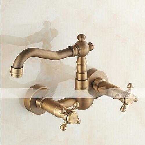 Antique Brass Kitchen FaucetWall Mounted Standard Spout Two Handles Two Holes Traditional Widespread Kitchen Taps  with Hot and Cold Switch and Ceramic Valve 2025 - CAD $95.99 –P2