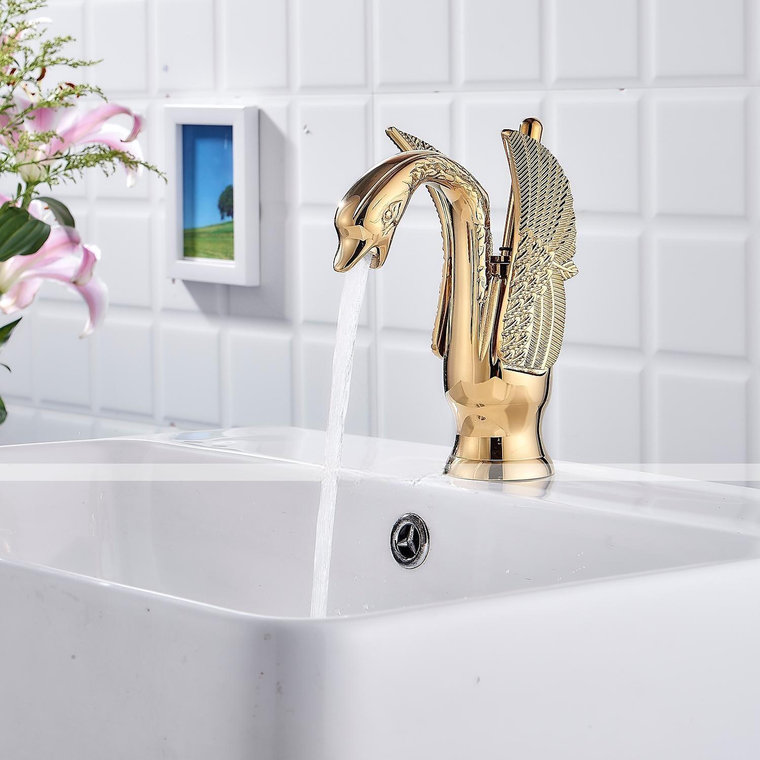Vintage Bathroom Sink Mixer Faucet Brass Swan Shap, Monobloc Washroom Basin Taps Single Handle One Hole Deck Mounted, Mono Water Vessel Tap Hot and Cold Hose Antique 2025 - CAD $135.99 –P2