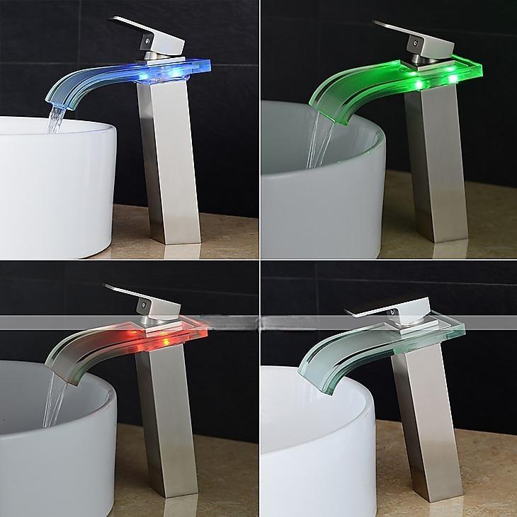 LED Bathroom Sink Mixer Faucet Waterfall Spout 3 Color Temperature, Tall Vessel Taps Single Handle One-hole Monobloc Basin Taps Washroom 2025 - CAD $127.99 –P2