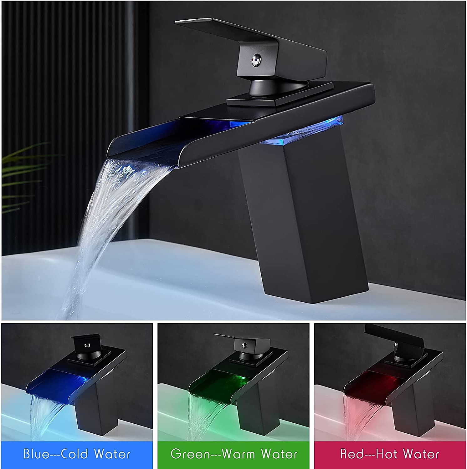 Bathroom Sink Faucet with Supply Hose,LED Waterfall Spout Single Handle Single Hole Vessel Lavatory Faucet,Slanted Body Basin Mixer Tap 2025 - CAD $119.99 –P1