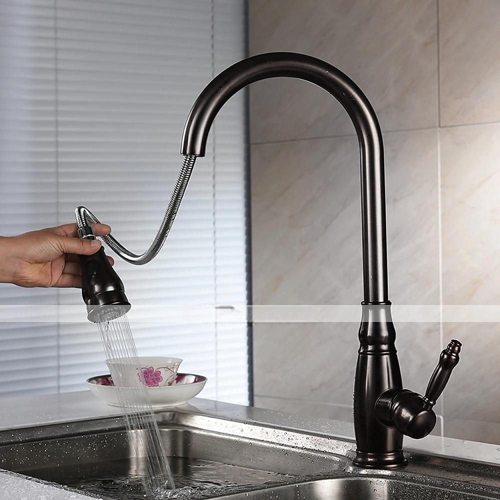 Kitchen Sink Mixer Faucet with Pull Out Sprayer High Arc Brass Silver/Coffee Single Handle One Hole Oil-rubbed Bronze Pull Down Tall Kitchen Taps with Hot and Cold Water Hose 2025 - CAD $159.99 –P2