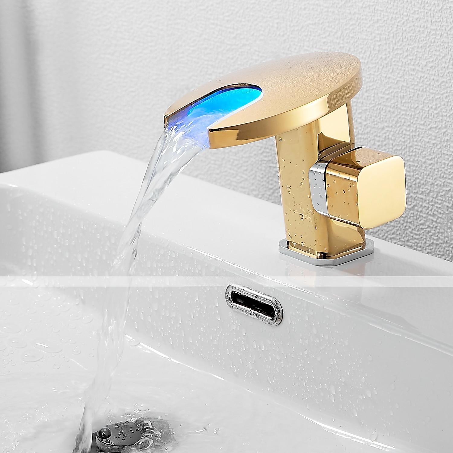 Bathroom Sink Faucet,LED Waterfall Temperature Controlled 3-Colors Electroplated Centerset Single Handle One Hole Bath Taps 2025 - CAD $95.99 –P2