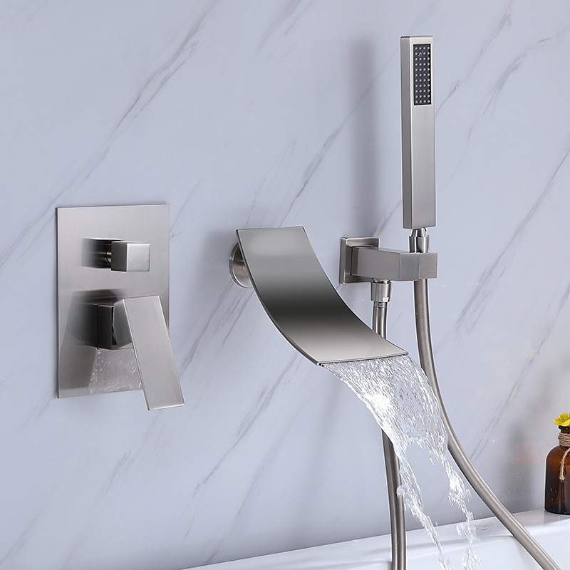 Wall Mounted Bathtub Faucet with Hand Shower Modern Wall Installation with Ceramic Valve Bathtub Filling Shower Mixer Faucets Single Handle Cascading Faucet 2025 - CAD $398.99 –P6
