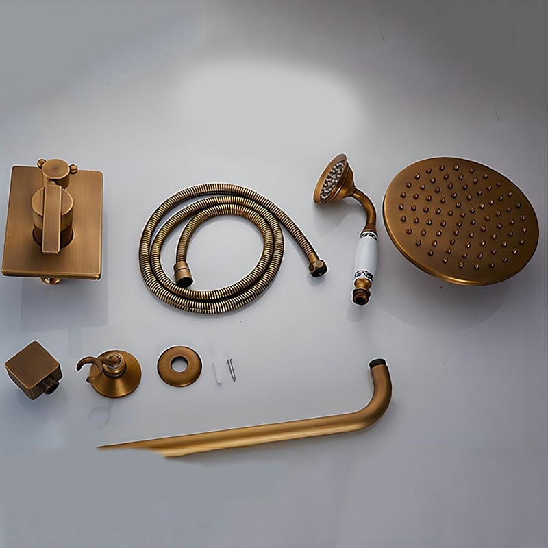 Shower Faucet Set Wall Mounted Vintage Brass Rainfall Overhead Combo Set Bathroom Mixer Ceramic Shower Hendheld Sprayer High Pressure Black Antique 2025 - CAD $255.99 –P2