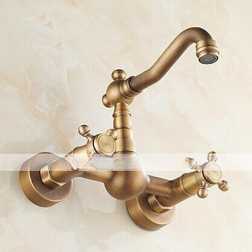 Antique Brass Kitchen FaucetWall Mounted Standard Spout Two Handles Two Holes Traditional Widespread Kitchen Taps  with Hot and Cold Switch and Ceramic Valve 2025 - CAD $95.99 –P3