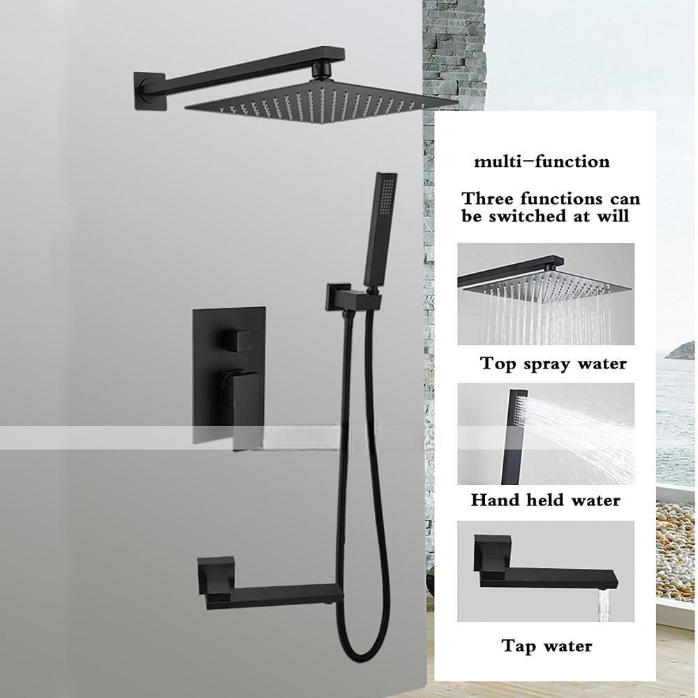 Concealed Shower Faucet Combo Set Black 8"/10"/12"Ultra Thin Top Head Shower System Mixer Rough In Valve Rainfall High Pressure Head with Handheld Wall Monted Tub and Shower Trim Kit Bathroom Bath 2025 - CAD $366.99 –P1