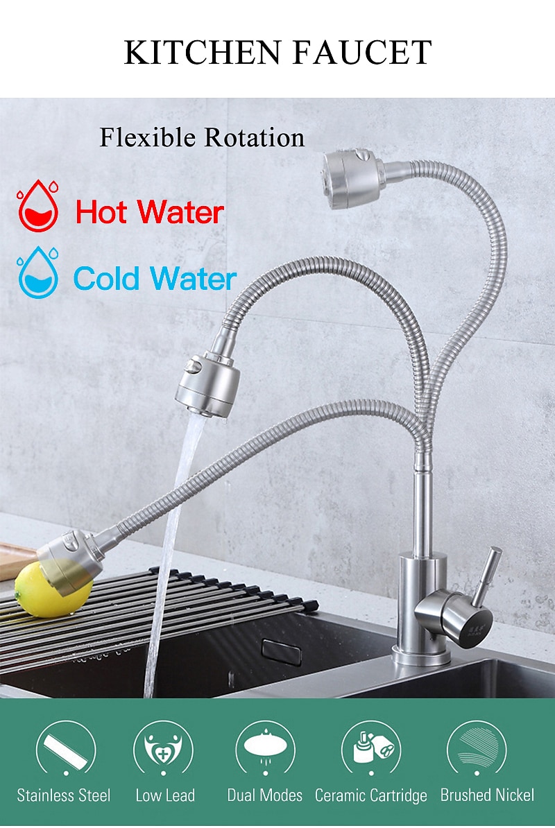304 Stainless Steel Cold and Hot Water Kitchen Faucet Kitchen Mixers Kitchen Sink Tap 360 Degree Swivel Flexible Hose Basin Faucet 2025 - CAD $59.99 –P1