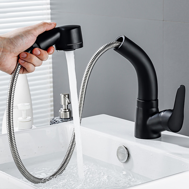 Matte Black Bathroom Basin Faucet Pull Out Spout Rotatable Liftable Body Deck Mounted Hot and Cold Water Mixer Tap 2025 - CAD $87.99 –P4