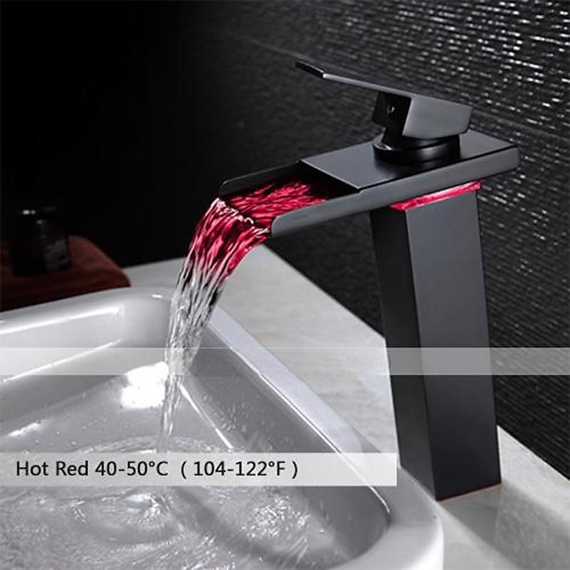 Bathroom Vessel Faucet Tall LED Waterfall Spout 3 Color Changes with Temperature, Sink Mixer Mono Basin Taps, Single Handle One Hole Brass Washroom Vessel Tap Deck Mounted 2025 - CAD $143.99 –P3