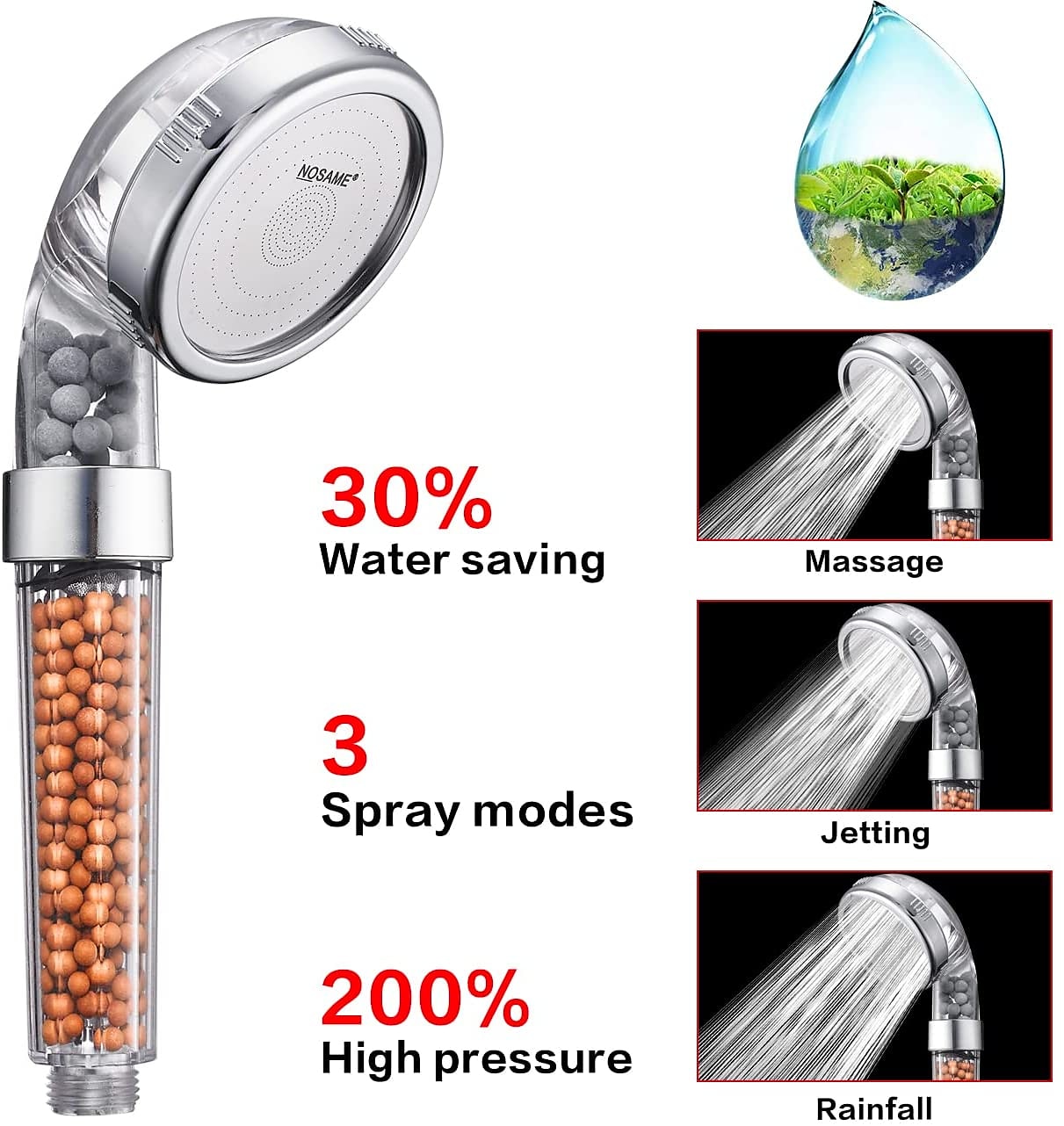 Stainless Steel Shower Head Filter Filtration High Pressure Water Saving 3 Mode Function Spray Handheld Showerheads for Dry Skin & Hair 2025 - CAD $3.99 –P2