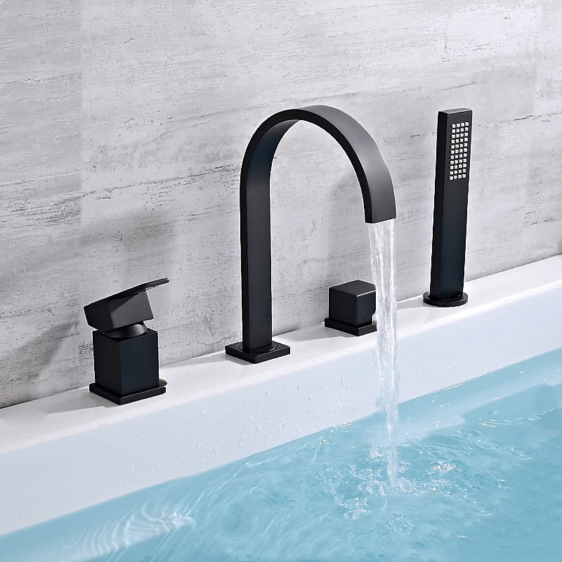 Bathtub Faucet Deck Mounted Widespread Bathroom Faucet Bath Roman Tub Filler Mixer Tap Brass 4 Hole 2 Handle Shower Sprayer with Cold Hot Water Hose 2025 - CAD $231.99 –P4