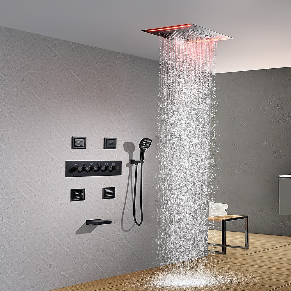 Shower FaucetRainfall Shower System Thermostatic Mixer valve Body Jet Massage Set - Rainfall Shower Multi Spray Shower Waterfall Contemporary Painted Finishes Mount Inside Brass Valve 2025 - CAD $1594.99 –P7