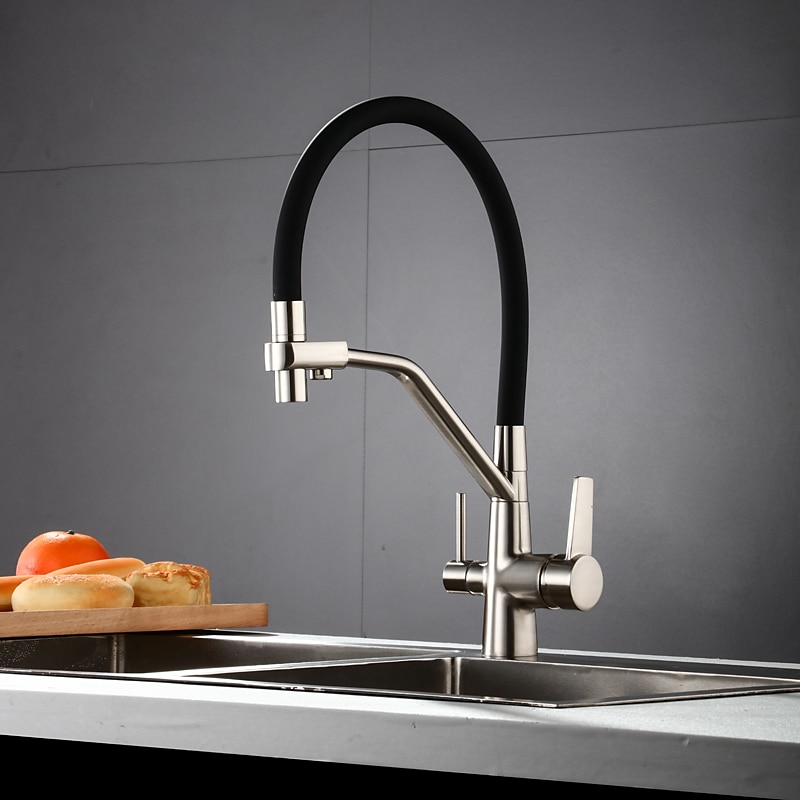 Kitchen Faucet Pull Down Spray Head Purified Water Dual Spout Taps Sink Mixer Deck Mounted  360 Rotating Twin Handle High Arc Flexible Tube Vessel Brass Tap 2025 - CAD $159.99 –P10