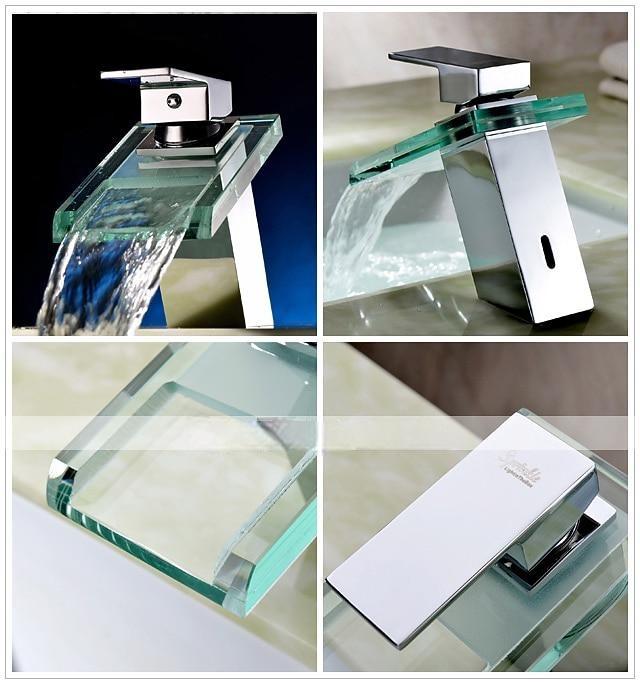Bathroom Sink Mixer Faucet with Glass Waterfall Spout Chrome Finish Deck Mounted, Vessel Sink Basin Tap Vanity Bathtub Mixer Taps 2025 - CAD $71.99 –P1