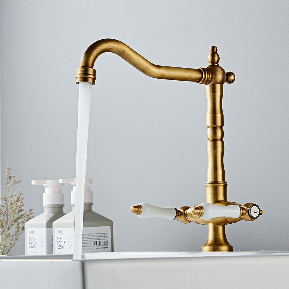 Twin Lever Traditional Kitchen Sink Mixer Taps, Dual Lever Cold and Hot Faucet Deck Mounted, 360° Swivel Spout Sink Tap with 2 Ceramic Handles, Antique Brass Classic Double Handle for Kitchen Bathroom 2025 - CAD $111.99 –P14